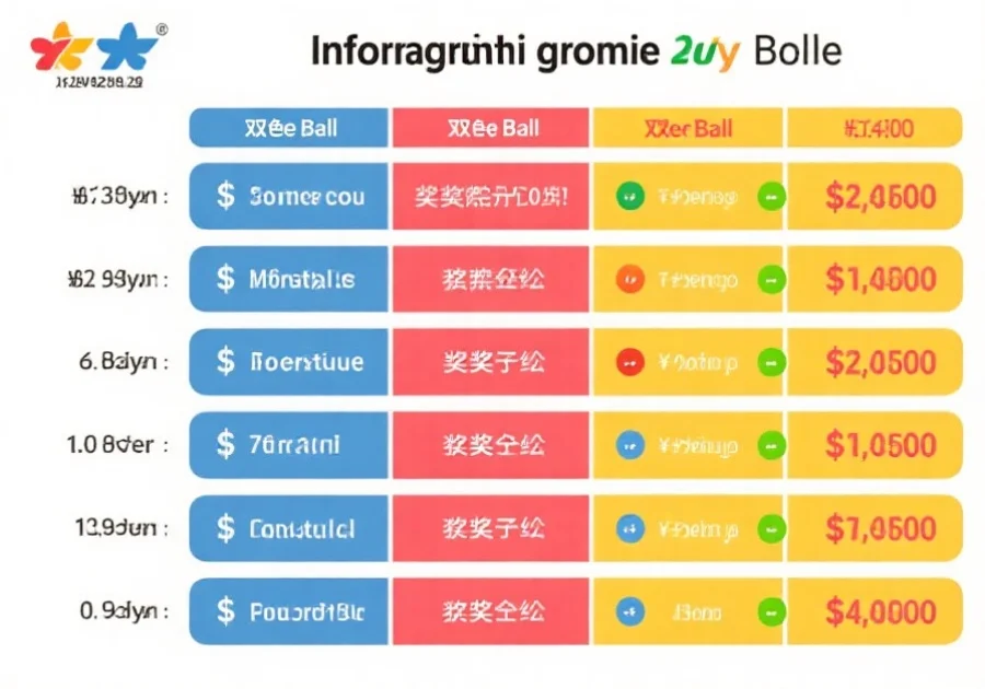 一张信息图，清晰展示双色球各奖级中奖条件与奖金金额，色彩分明，易于理解